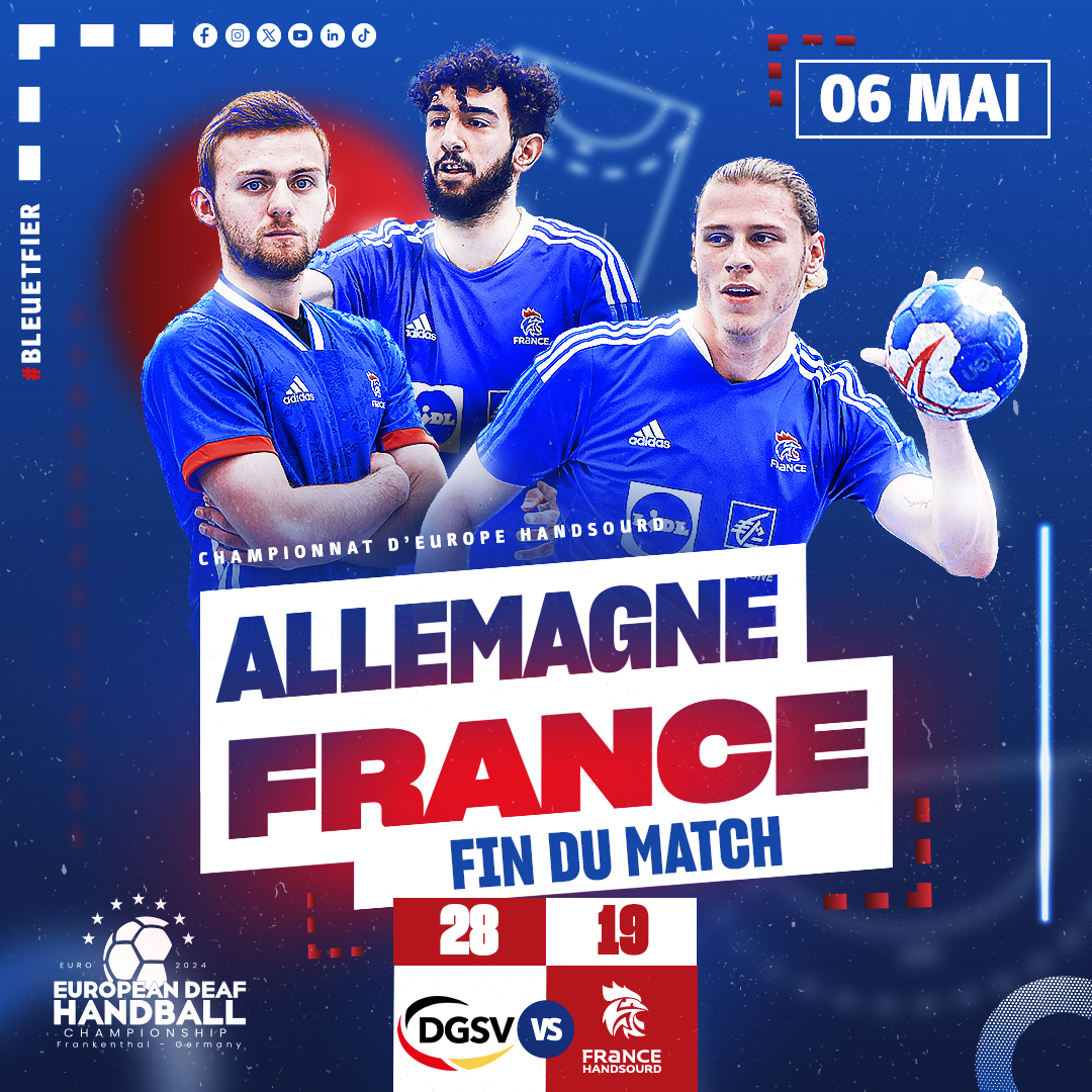 FIN DU MATCH | 🇩🇪 28 - 19 🇫🇷 L'Équipe de France HandSourd s'incline pour son deuxième match dans ce championnat d'Europe. Rendez-vous, mercredi, face à la Serbie ! 🔥💪 #BleuEtFier