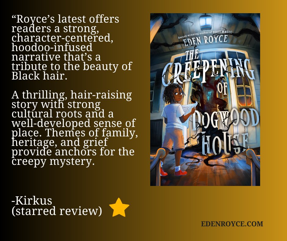 Thank you to @KirkusReviews for this wonderful starred review of THE CREEPENING! Writing about Black hair, and its place in our lives and in hoodoo was a joy and an honor. Wrapping all of that up in a haunted house horror story, well... that was just a bonus!