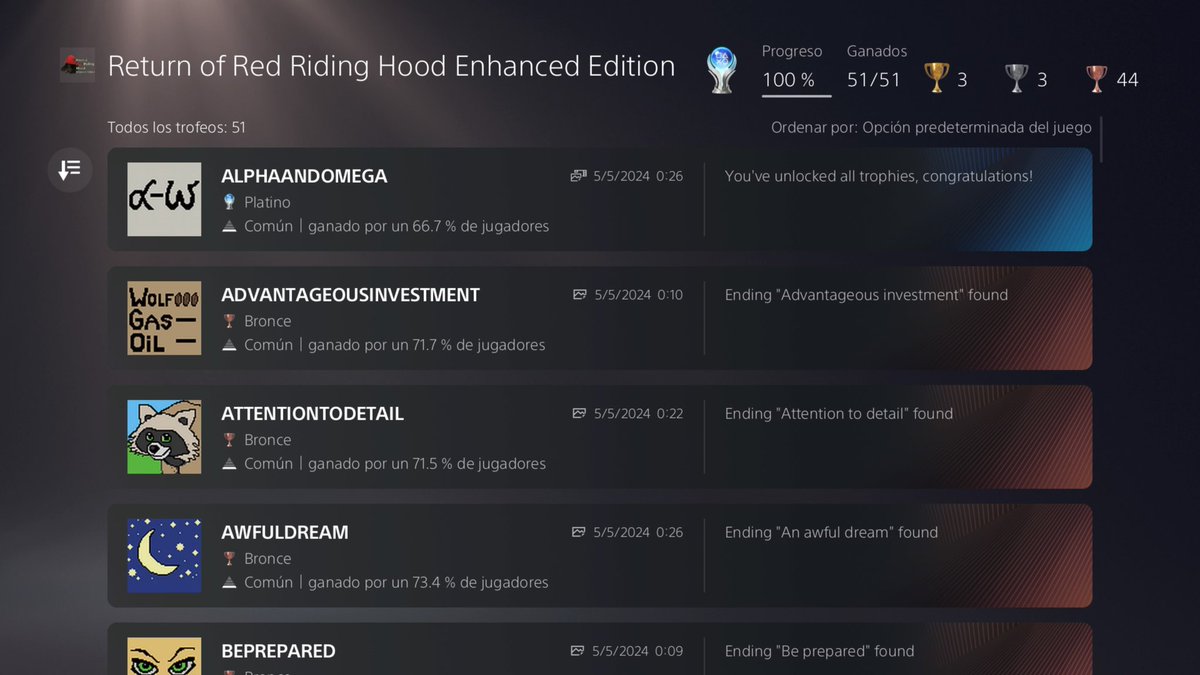 Braaaay (@bryanbraay) on Twitter photo Platino - Return of Red Riding Hood.
Una visual novel un tanto extraña sobre Caperucita Roja. Está bastante curiosa.
Platino fácil de aproximadamente media hora.
<a href="/nlbproject/">NLB project</a> <a href="/Antokolos/">Anton P. Kolosov</a>
Next tweet giveaway for one key! 👇🏼
#indie #indiegame #indiedev #redriding #ps4 #ps5 Platino - Return of Red Riding Hood.
Una visual novel un tanto extraña sobre Caperucita Roja. Está bastante curiosa.
Platino fácil de aproximadamente media hora.
<a href="/nlbproject/">NLB project</a> <a href="/Antokolos/">Anton P. Kolosov</a>
Next tweet giveaway for one key! 👇🏼
#indie #indiegame #indiedev #redriding #ps4 #ps5