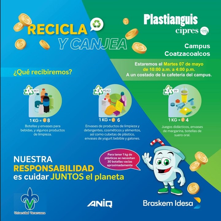 #RegiónCoatzacoalcosMinatitlán ¿Conservas botellas de plástico, envases de productos de limpieza u otro tipo de plásticos y no sabes qué hacer con ello? ¡Recicla y canjea! ✅ Hoy | 10:00 - 16:00 h | Campus Coatzacoalcos