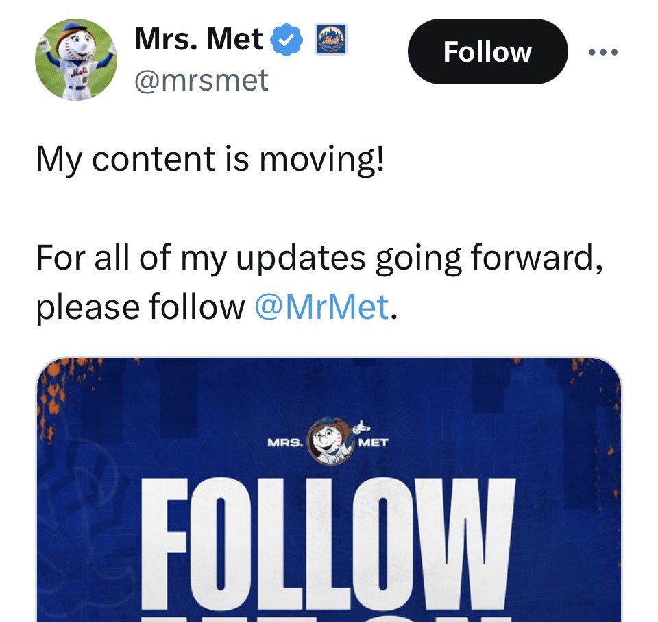 Stepping back to the traditions of the 50s, all social media posts intended for Mrs Met should be directed to her husband’s attention.