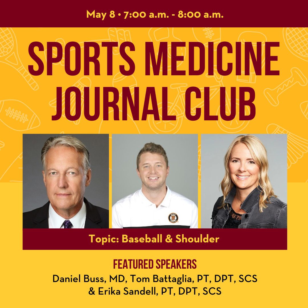 Join us on Wednesday at 7:00 a.m. for Sports Medicine Journal Club featuring some fantastic speakers. Topic this month is on Baseball & the Shoulder! 🗓 Wednesday, May 8, 7 - 8 a.m. CST 📷 Zoom: z.umn.edu/92k5 @MhfvRes