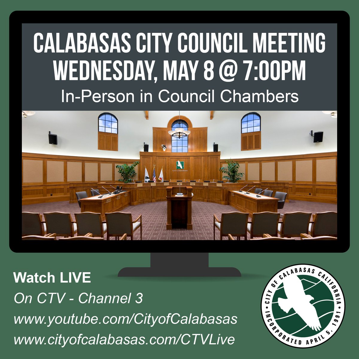 See your government in action! Calabasas City Council meets Wednesday night at 7p at City Hall. See it in person, or watch live on CTV 3, YouTube or on the web stream. However you get involved, get involved.