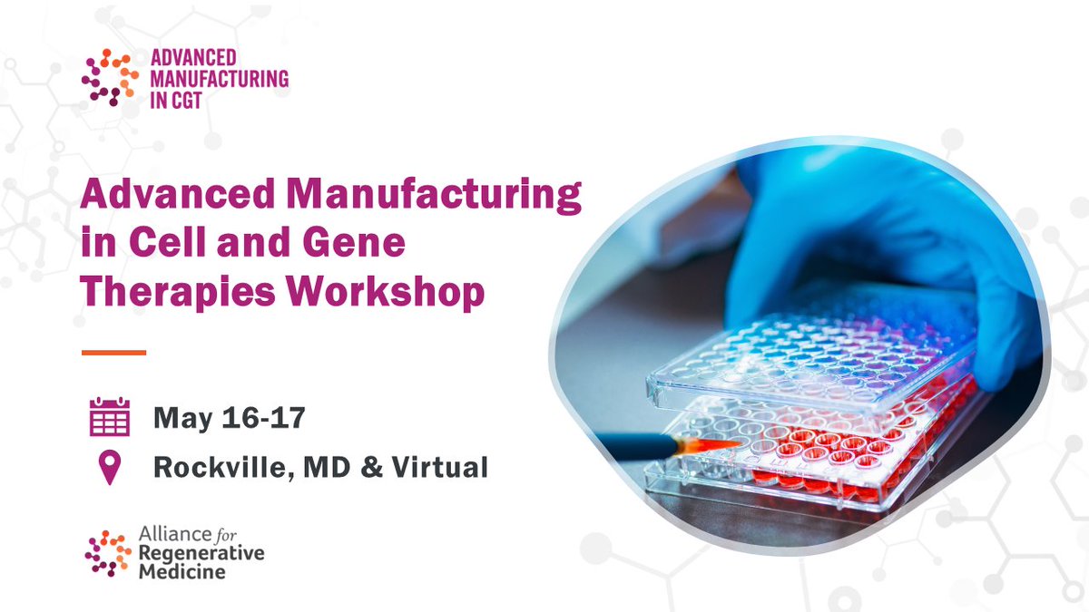 Join us for ARM's 1.5-day workshop on Advanced Manufacturing in CGT, May 16-17, 2024, in Rockville, MD! Explore emerging technologies & innovations with Junxia Wang of Catalent. Don't miss it. Register now: ow.ly/Vgqc50RjrCo #ARMWorkshop #CGT #AdvancedManufacturing