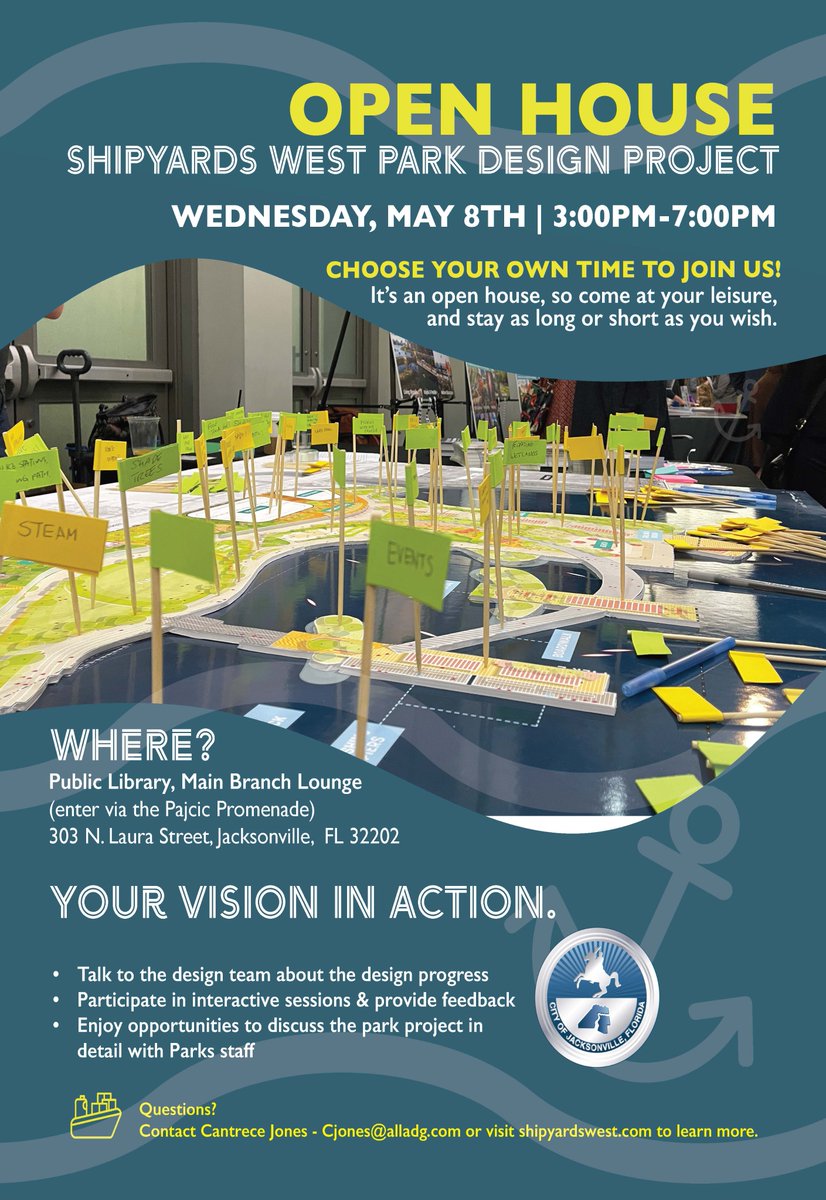 This Wednesday, May 8th - Participate in an open house for the Shipyards West Park Design Project from 3 to 7pm at the Main Branch of the @jaxlibrary Downtown. Speak to @jaxparks staff and provide us with your feedback. Looking forward to seeing and hearing from everyone!
