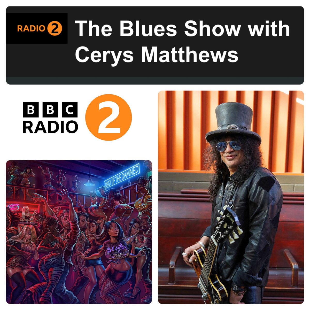 Tune in to the @BBCRadio2 Blues Show tonight from 9pm to hear @Slash live in conversation with @cerysmatthews about his new solo blues album ‘Orgy of the Damned’ - set for release on May 17th. There may even be a world exclusive new track debuted too! 👀🎸