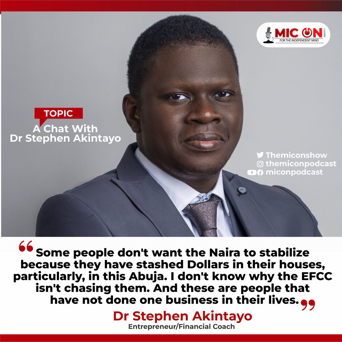 In Dr Stephen Akintayo's view, the weak state of the Naira against the Dollar is caused by some persons who have stashed Dollars for themselves. Find out more via our YouTube channel See the link below: youtu.be/uadNcJfIWtA?si… . . . #miconpodcast | Seyi Tinubu | Wofai