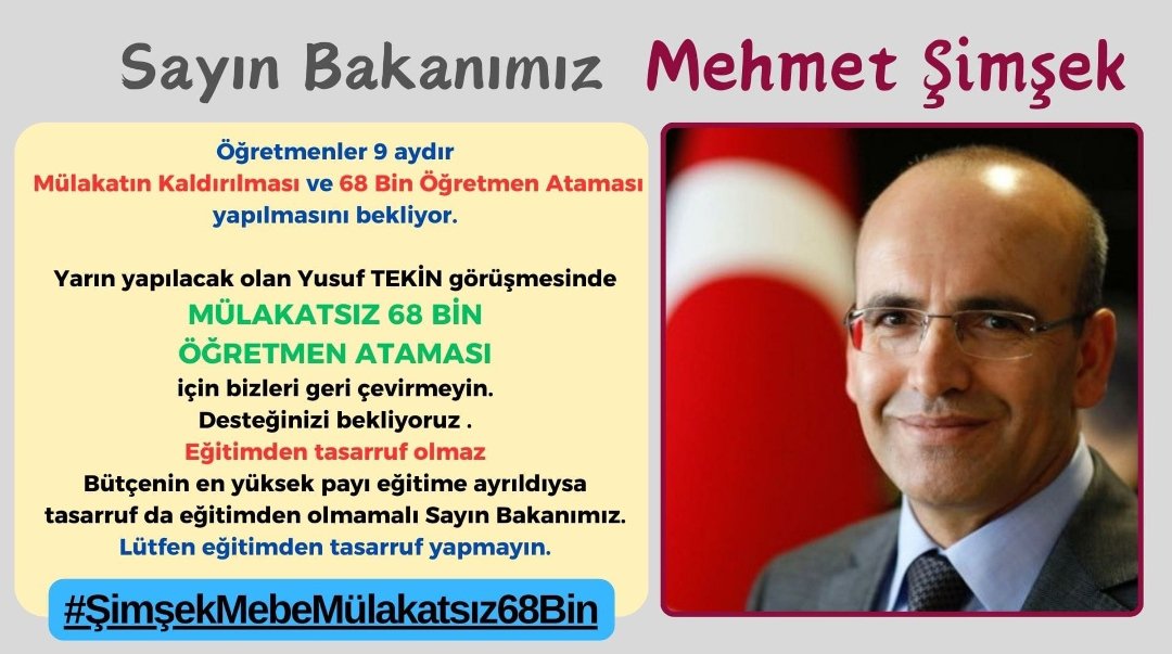 Bu denli büyük bir topluluğun hakkını gasp etmek zulümdür
<a href="/memetsimsek/">Mehmet Simsek</a>
<a href="/Yusuf__Tekin/">Yusuf Tekin</a>
#ŞimşekMebeMülakatsız68Bin