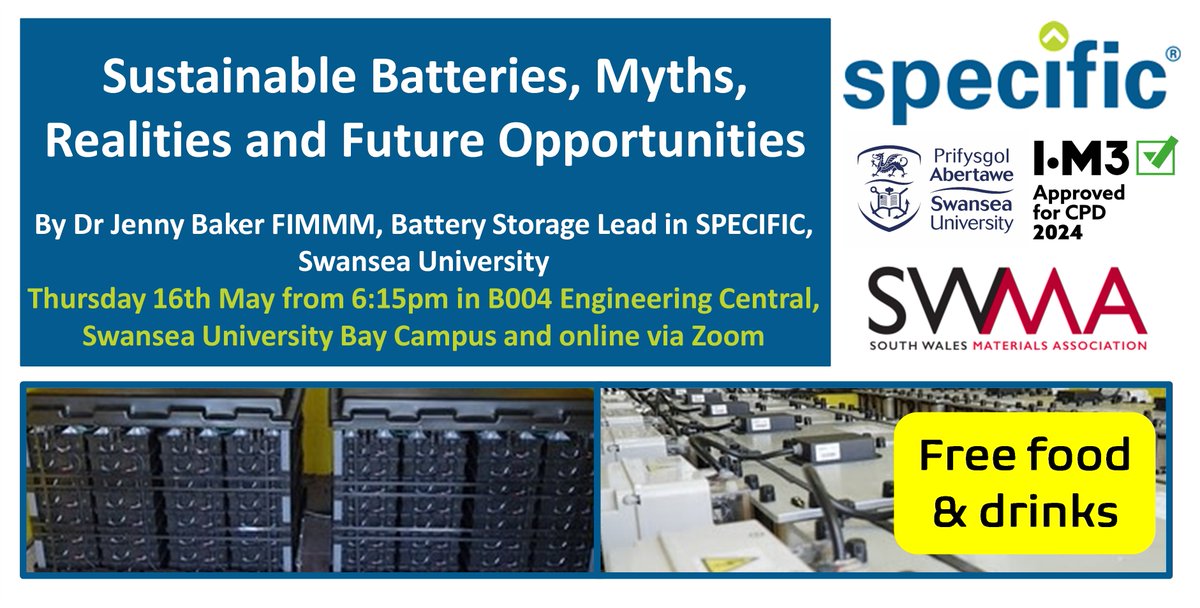 Join us for our next great talk by @DrJenBaker from <a href="/info_specific/">SPECIFIC</a> @SUSciEng exploring Sustainable Batteries, Myths, Realities and Future Opportunities 🔋🌟

📅Thurs 16 May from 18:15
🌍 Swansea Uni Bay Campus &amp; Zoom

✍️Sign up here: forms.gle/BkPrdJ7XPxHcJe…