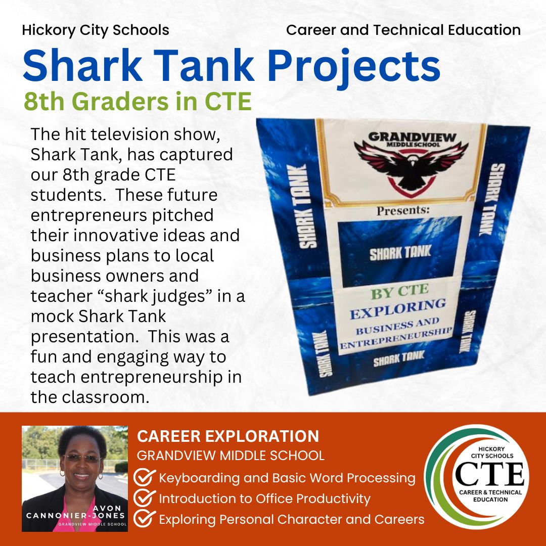 Grandview CTE 8th grade classes presented business plans to local business leaders and educators.  The "Shark Judges" asked questions and offered suggestions to students about the strength of their business plans.
#ctefornc #hickoryschools #HickoryCitySchools #SharkTank