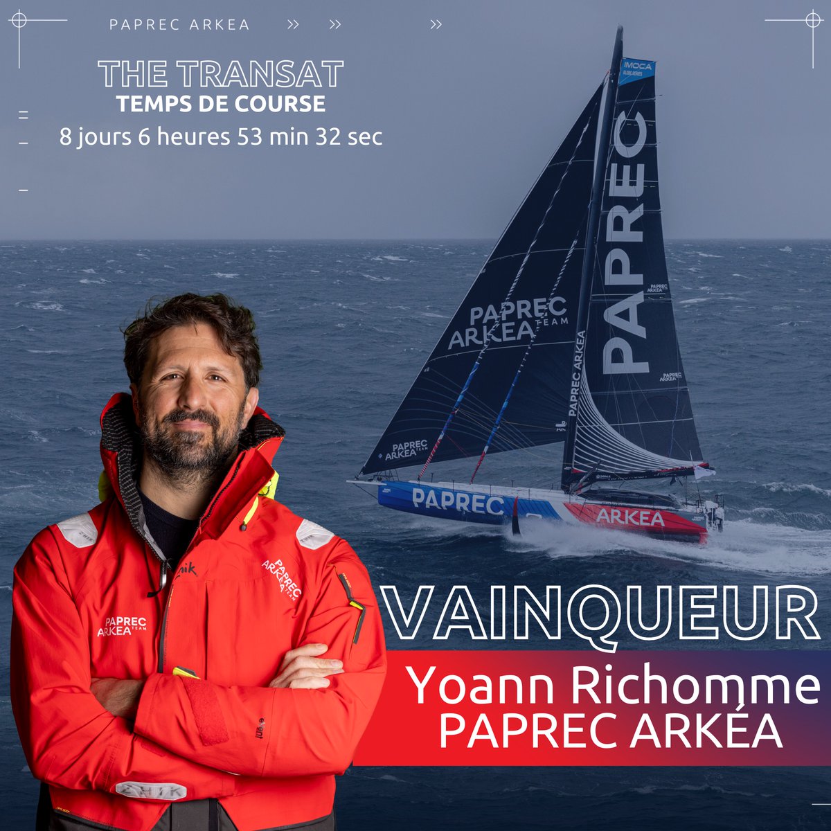 Paprec Arkéa Team (@teampaprecarkea) on Twitter photo 🥇 VICTOIRE THE TRANSAT 🏆
Yoann Richomme franchit la ligne d’arrivée ce lundi après 8 jours, 6 heures et 53 minutes 32 secondes de course 🚀
Lorient ➡️ New York 🗽
🔵<a href="/Paprec_Group/">Paprec Group</a>
🔴<a href="/cmarkea/">Crédit Mutuel Arkéa</a>
#TheTransat #Transatanglaise #LorientNewYork #LorientNYC 🥇 VICTOIRE THE TRANSAT 🏆
Yoann Richomme franchit la ligne d’arrivée ce lundi après 8 jours, 6 heures et 53 minutes 32 secondes de course 🚀
Lorient ➡️ New York 🗽
🔵<a href="/Paprec_Group/">Paprec Group</a>
🔴<a href="/cmarkea/">Crédit Mutuel Arkéa</a>
#TheTransat #Transatanglaise #LorientNewYork #LorientNYC