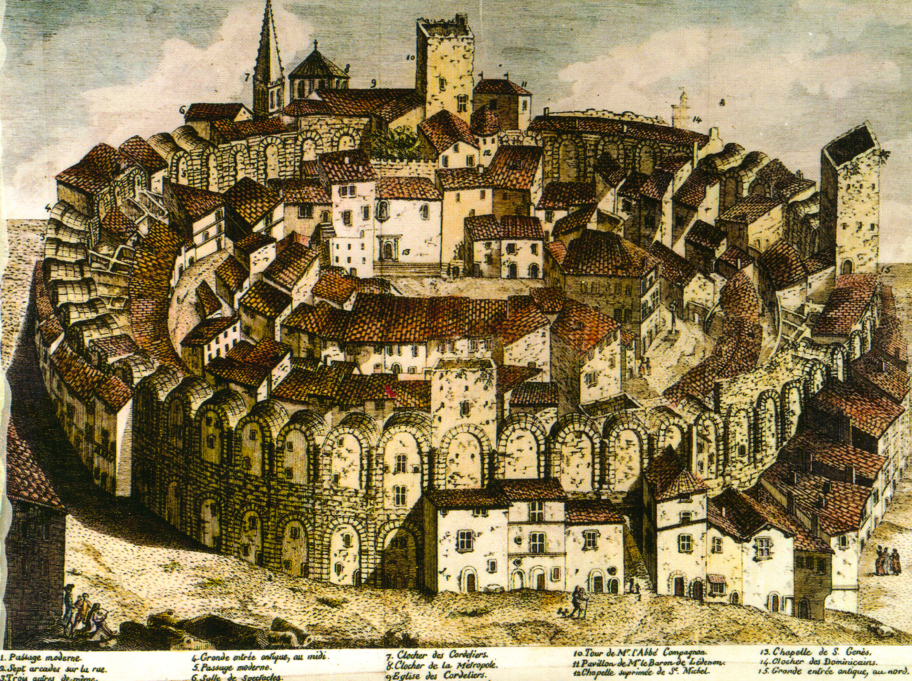 Arles amphitheater before houses were cleared (starting 1825).  Source: Postcard of old engraving, scanned by Robert Schediwy . Author: J.B. (Jean Baptiste?) Guibert.