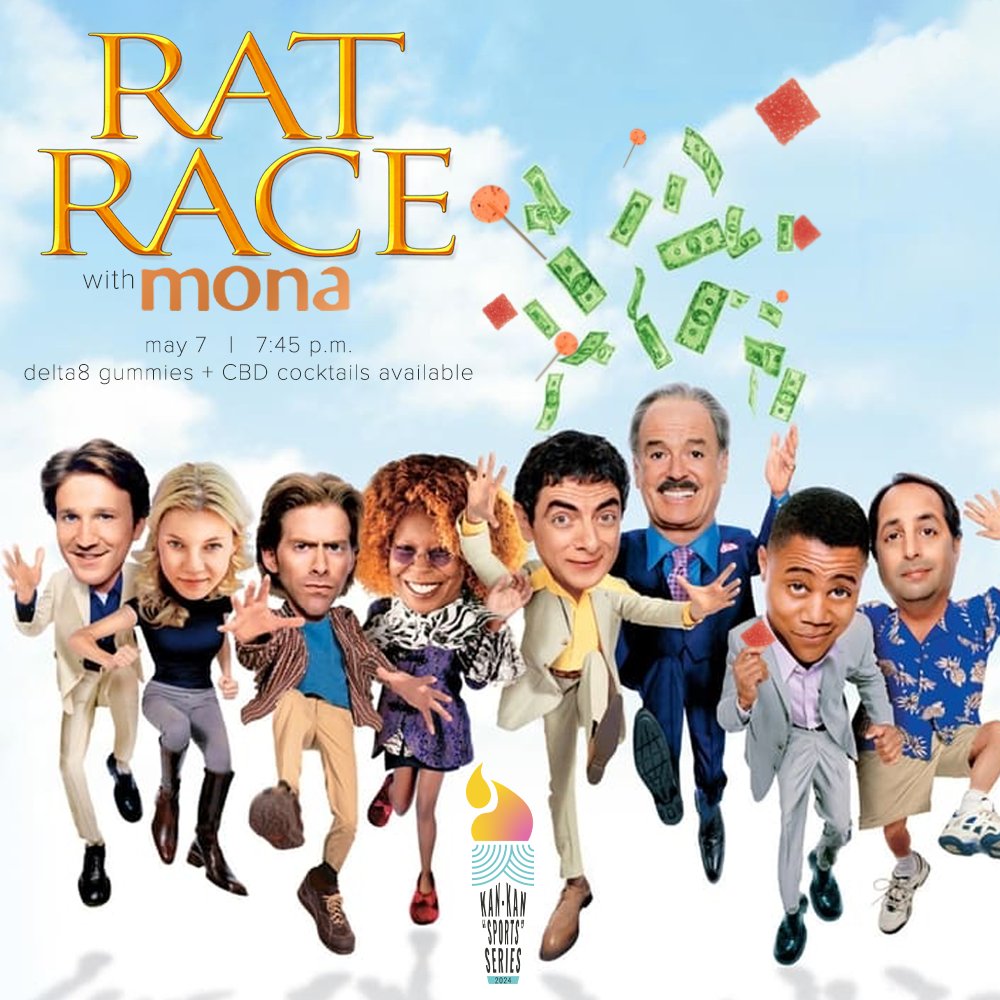 As the Baha Men said, 'What is life? a rat race a rat, a rat race a rat race ooh yeah yeah, ooh yeah yeah' and we couldn't agree more! Join us and Mona for a waaaavy screening of RAT RACE, with delta8 gummies + CBD cocktails available Link in bio for tix/info/disclaimers