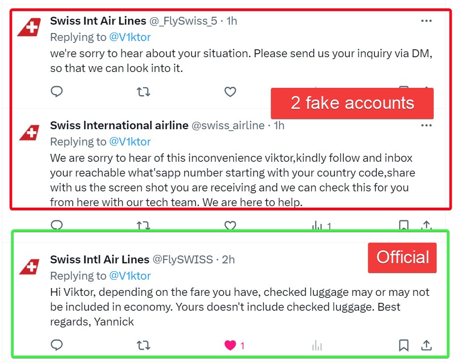 Be careful contacting customer service! Always verify you're using the official account. 

2 fake accounts replied, trying to #scam.

#CustServ #Airlines #CustomerService