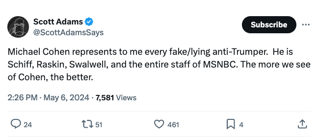 FFS. Who do these people think Michael Cohen is? Some democratic politician or liberal activist? No, he was Trump's lawyer and fixer for 12 years, and he went to jail for crimes he committed on his behalf. To compare him to Raskin or Schiff is just insane.