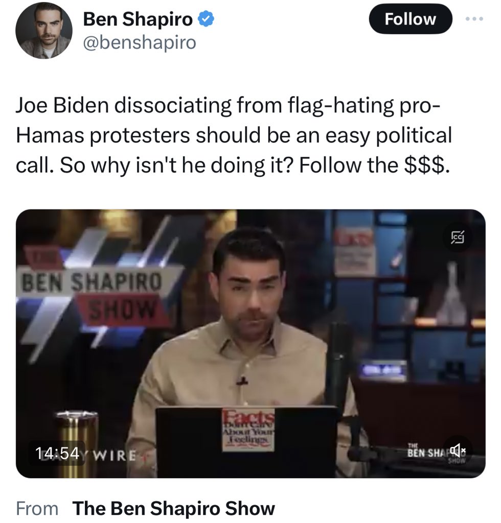 Remember you’re supposed to “follow the money” when Ben tells you to but if you suggest donors are paying politicians to be pro-Israel that’s anti-Semitism.