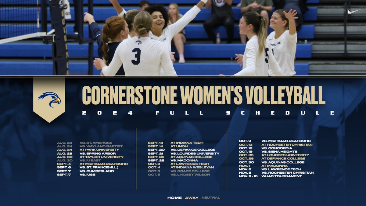 Full 2024 @CornerstoneU Women's Volleyball Schedule Released. cugoldeneagles.com/news/2024/5/6/… #TogetherweSOAR