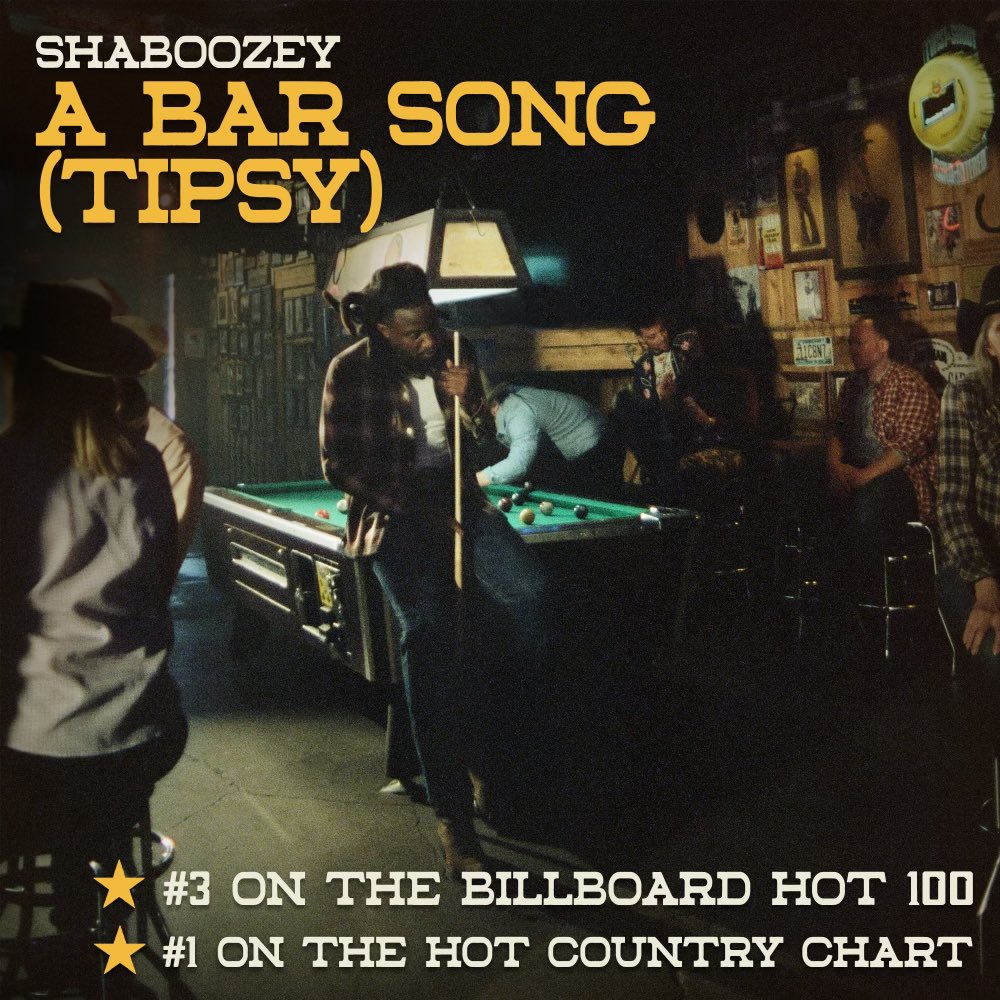 A Bar Song (Tipsy) is taking over the charts! 📈👆 Congrats to @ShaboozeysJeans for taking the #1 spot on Hot Country Chart & hitting #3 on the @billboard Hot 100 🔥🏆