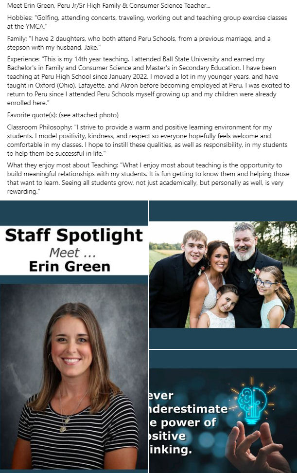 Staff Spotlight...

Meet Erin Green, Peru Jr/Sr High Family &amp; Consumer Science Teacher...