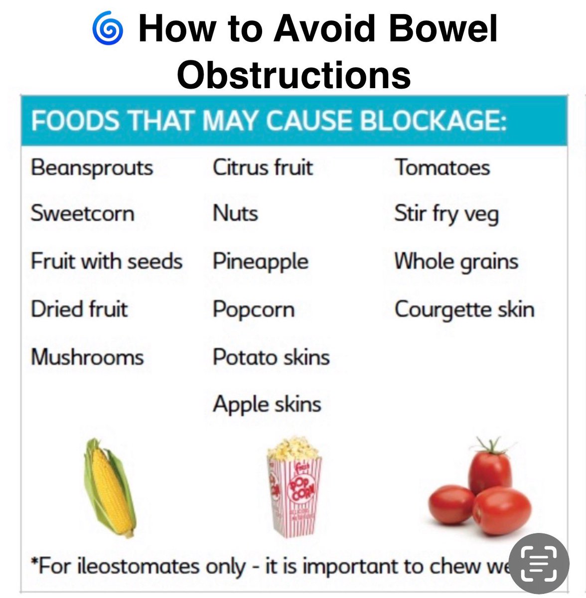 🌀 Preventing Bowel Obstructions- Foods to Avoid & Other Tips 🙋‍♂️ I have an #ostomy & have been hospitalized due to blockages from foods above & below: Avoid: 🍎- Apples 🥦- Raw Broccoli 🥕- Raw Carrots 🌾- Quinoa (almost ended my life) I have been able to eat (but everyone is…