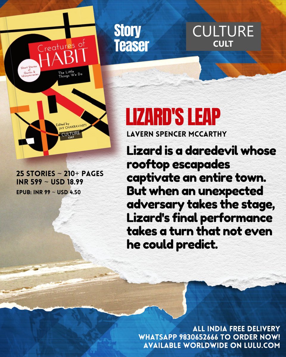 #Read LaVern Spencer McCarthy's #story in Creatures of Habit: The Little Things We Do

Order from #Lulu worldwide
#Paperback: rb.gy/7gy6r5
#Epub: rb.gy/yzeq0r

All #India #FreeDelivery
Whatsapp 9830652666

#storyteaser #BookTwitter #readersoftwitter