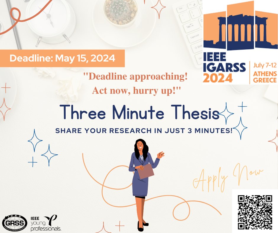 📢Are you a master's or doctoral student eager to showcase your research? 
🚀Join us for the #IGARSS2024 Three Minute Thesis Competition! 
📚 Share your findings in a concise, compelling 3-minute video by May 15, 2024
👉Details at 2024.ieeeigarss.org/3mt.php

#3MT #youngprofessionals
