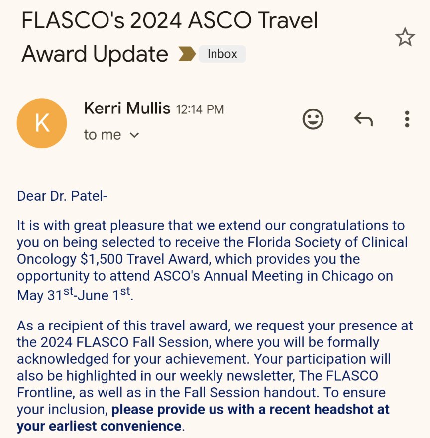 I am delighted and grateful to  announce that I am selected for @FLASCO_ORG 's Travel Award for presenting a poster at @ASCO's 2024 annual meeting. 

Also thankful to @ASCOTECAG and @hemeoncfellow for guidance towards these opportunities. 

#ASCO2024