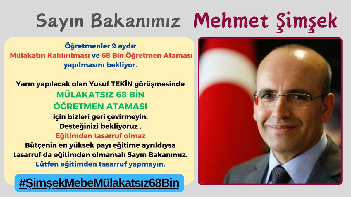 Konuşulan sayılar 9 aylık bekleyişe değecek sayılar değil.

Mülakatsız 68Bin Atama istiyoruz.

Tüm öğretmenler burada. Bu sesi duyun. Sn. @memetsimsek @Yusuf__Tekin
#ŞimşekMebeMülakatsız68Bin