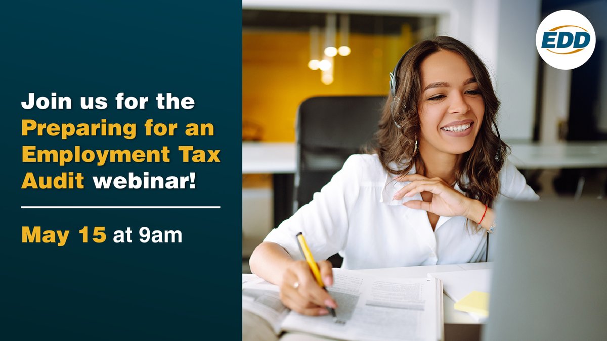 💻 New webinar! Preparing for an Employment Tax Audit. Wednesday, May 15 at 9am. Topics include, California employment taxes, EDD reporting procedures, and preventive measures to avoid and prepare for an audit. 👉 Sign up here! Bit.ly/EDD-Webinar-Ma… #Webinar #EDD