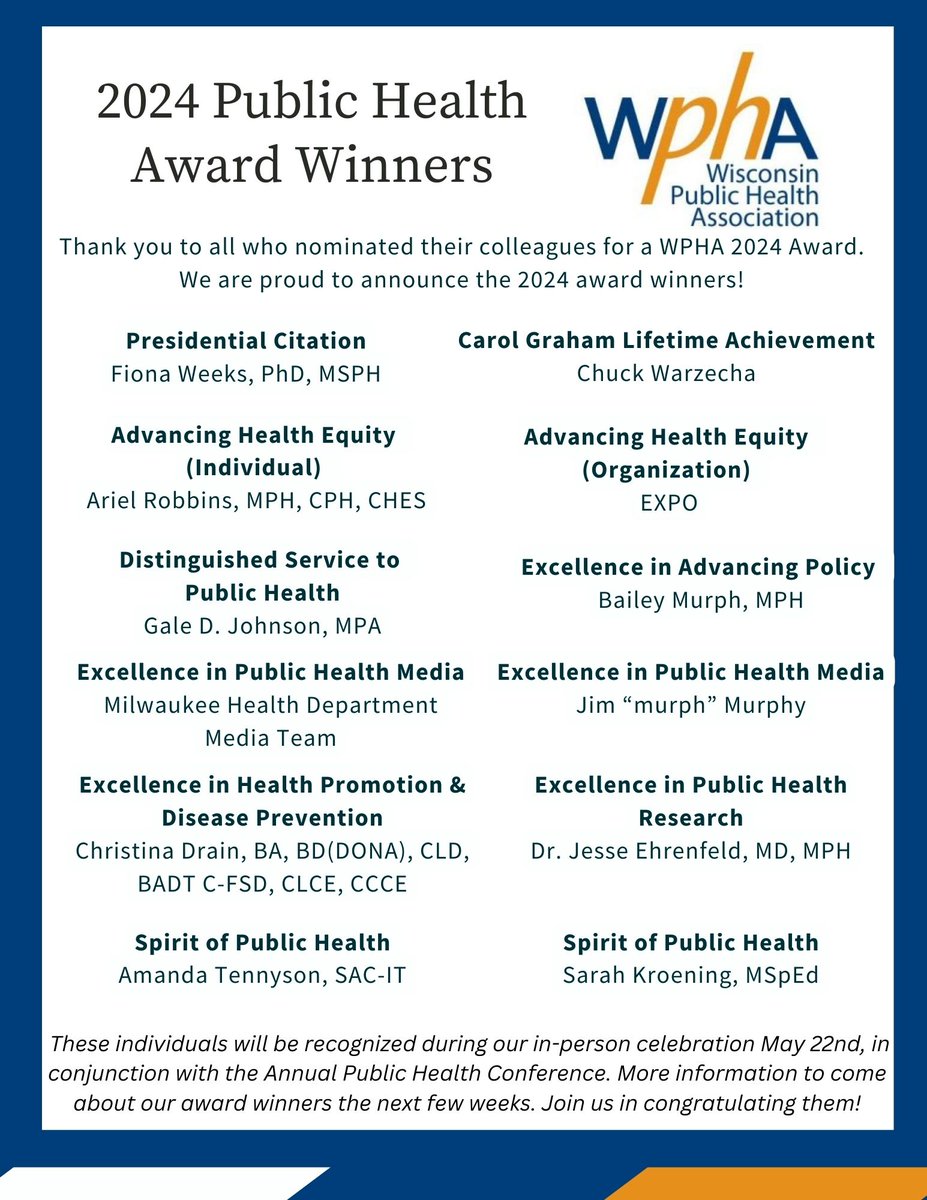 WPHA has released our 2024 #publichealth award winners! Congrats to these amazing people and organizations that continue to advance public health practice and build a safer, more equitable Wisconsin! wpha.org/page/2024Annua…