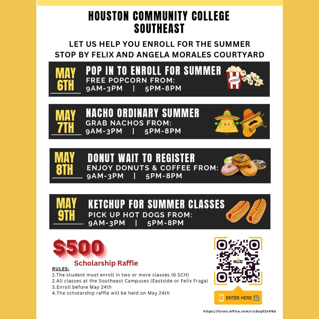 We're here to help you enroll for summer! And to sweeten the offer, we've got snacks and a raffle for a $500 scholarship! 
#summerregistration #scholarship #hccsoutheast #wearehccs