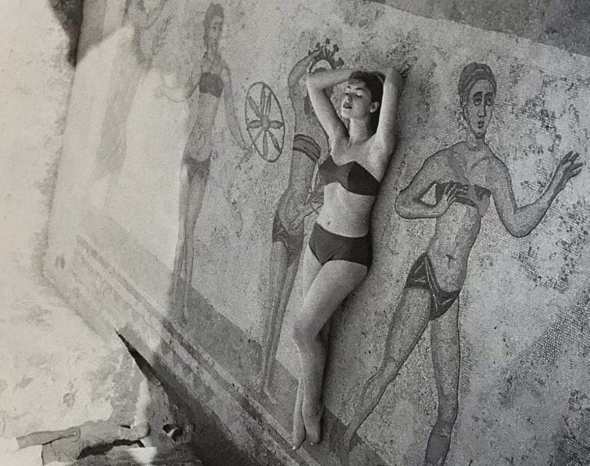 Emilio Pucci designed a bikini, 1956, inspired by the Roman mosaics of the Villa Romana del Casale (4th century AD) in Sicily, Italy.