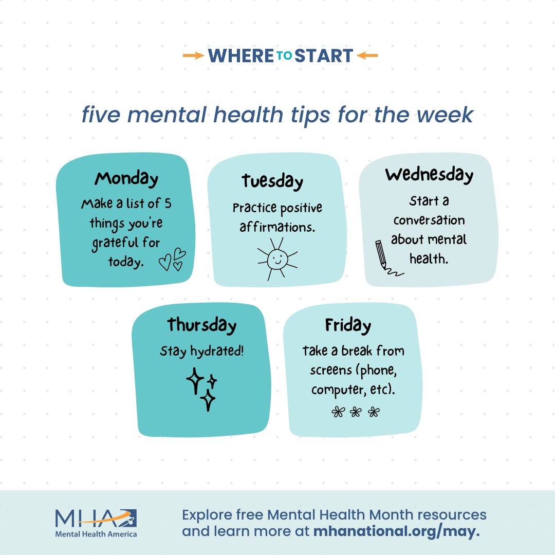 Here are five things @MentalHealthAm recommends doing for your #mentalhealth this week: 1. Make a list of 5 things you’re grateful for today 💚 2. Practice positive affirmations 🌞 3. Start a conversation about mental health 💬 4. Stay hydrated 🥤 5. Take a break from screens 📴…