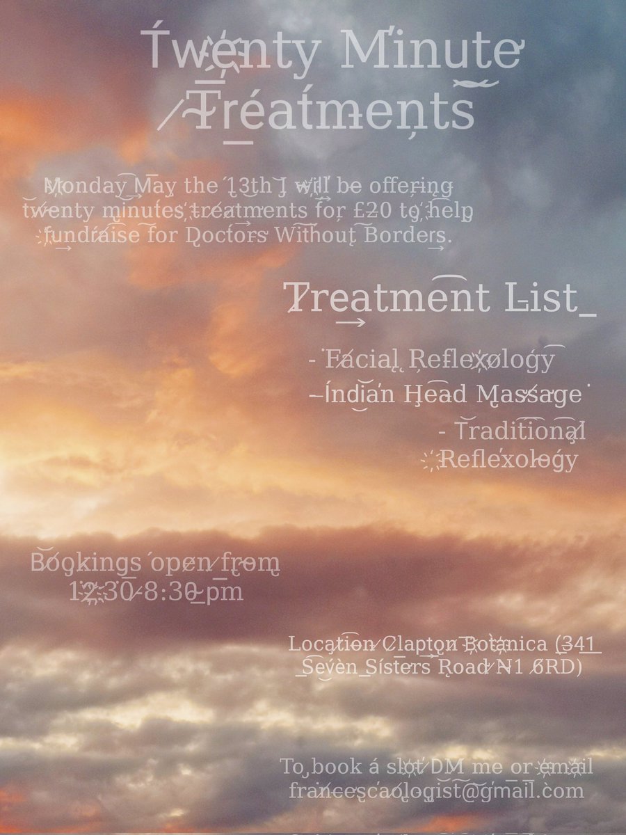 Francesca Ruth Levi (@operacheska) on Twitter photo 🌀On Monday May 13th I'm thrilled to announce that I'll be offering 20-minute treatments for just £20 in support of Doctors Without Borders. 🌍💙
I will be there from 12:30-8:30 pm.
To book a slot you are welcome to DM me or email francescaologist@gmail.com
#reflexology #london 🌀On Monday May 13th I'm thrilled to announce that I'll be offering 20-minute treatments for just £20 in support of Doctors Without Borders. 🌍💙
I will be there from 12:30-8:30 pm.
To book a slot you are welcome to DM me or email francescaologist@gmail.com
#reflexology #london