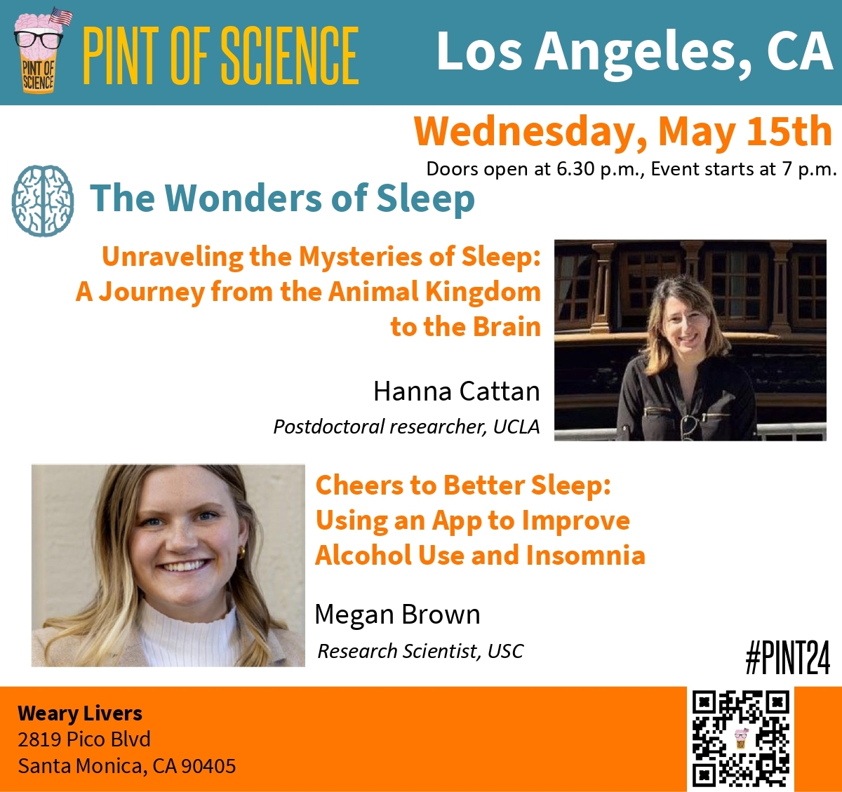 🎯Los Angeles: here is bar #2!
Here's the list of🗣️talks and speakers for #pint24 in LA😎
Choose wisely between the 2 bars and different topics for May 13-14-15🤔
📍Weary Livers 
Book your tickets🎟️here👉pintofscience.us/events/la