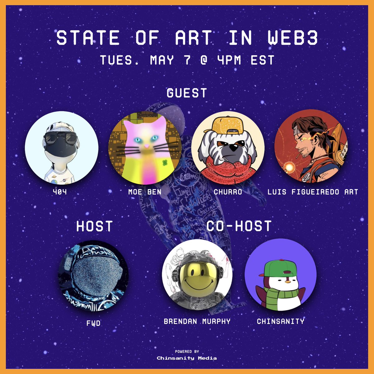FWD_BTC's tweet photo. Join us tomorrow for a discussion on the current status of art in web3 with some amazing guests 🧑‍🚀✨

💎@moeben21 
💎@_0x404_ 
💎@sweetchurro12 
💎@inkartluis 

🗓️Tuesday, May 7 @ 4pm EST

Set reminders below⚡️ https://t.co/q61zLDR4Mj