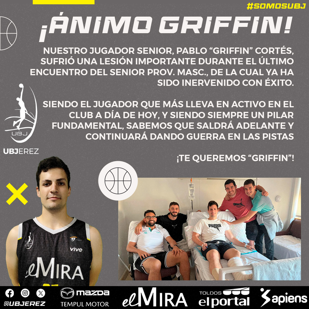 💪¡ÁNIMO GRIFFIN!

Nuestro jugador Senior, Pablo 'GRIFFIN' Cortés, sufrió una lesión importante durante el último encuentro del Senior Prov. Masc., de la cual ya ha sido intervenido con éxito.

¡MUCHO ÁNIMO GRIFFIN!🤍

#SomosUBJ #SomosJerez