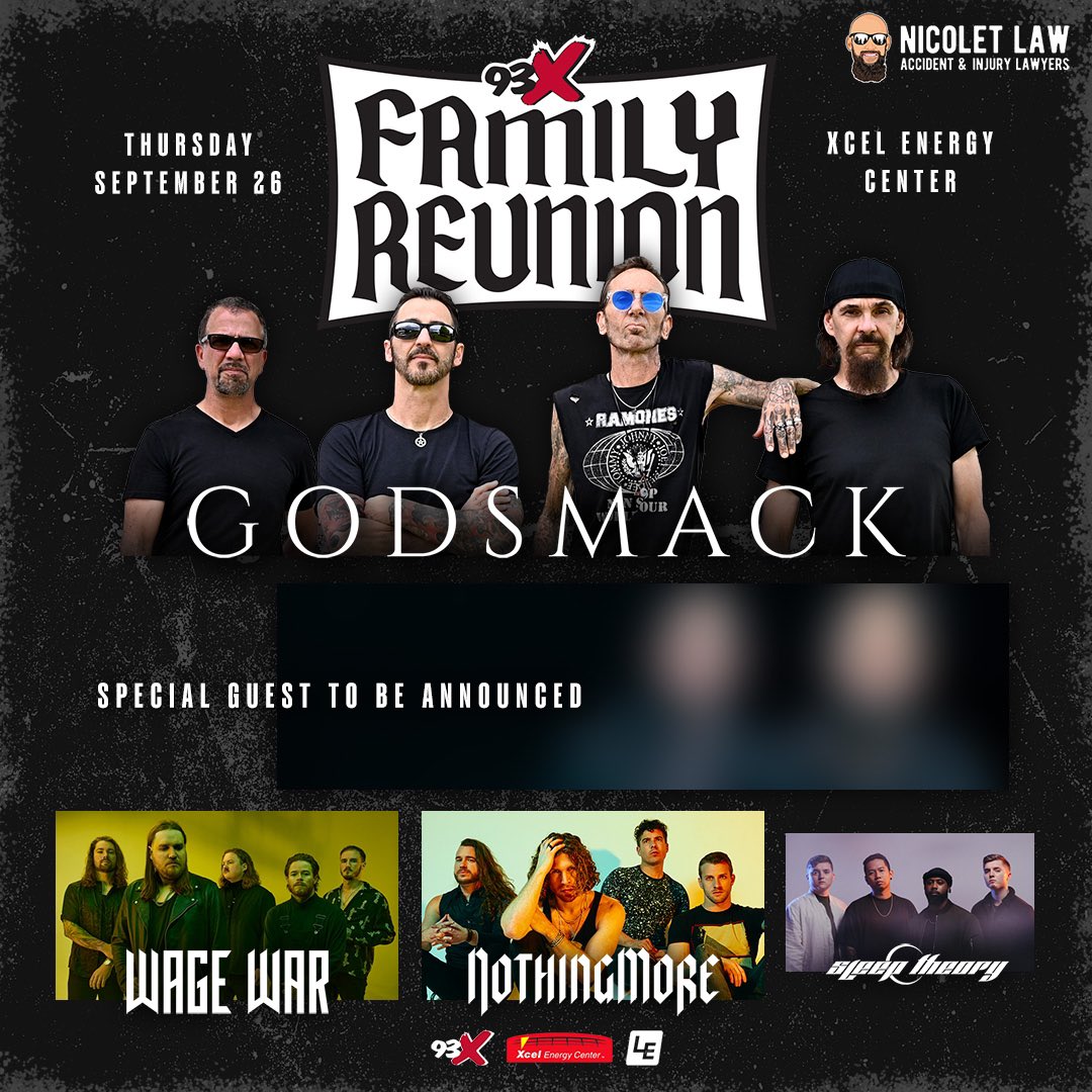SAINT PAUL! We are rockin' @93XRadio FAMILY REUNION on SEPT 26 at @XcelEnergyCtr with @WageWar, @nothingmorerock and @SleepTheoryBand ! Tickets will be on sale at Godsmack.com at the below times/dates: 🎫 Godsmack* Artist Pre-Sale: Tues. 5/7 at 10AM - Thurs. 5/9 at…