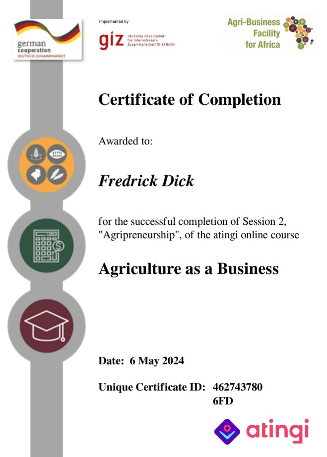 Just completed a course on Agriculture Business Management! Equipped with skills to grow a thriving agribusiness, enhance productivity, and drive sustainability! Thank you #atingi #giz for empowering African youths. 
#AgricultureBusiness #SDGs #SustainableFarming'