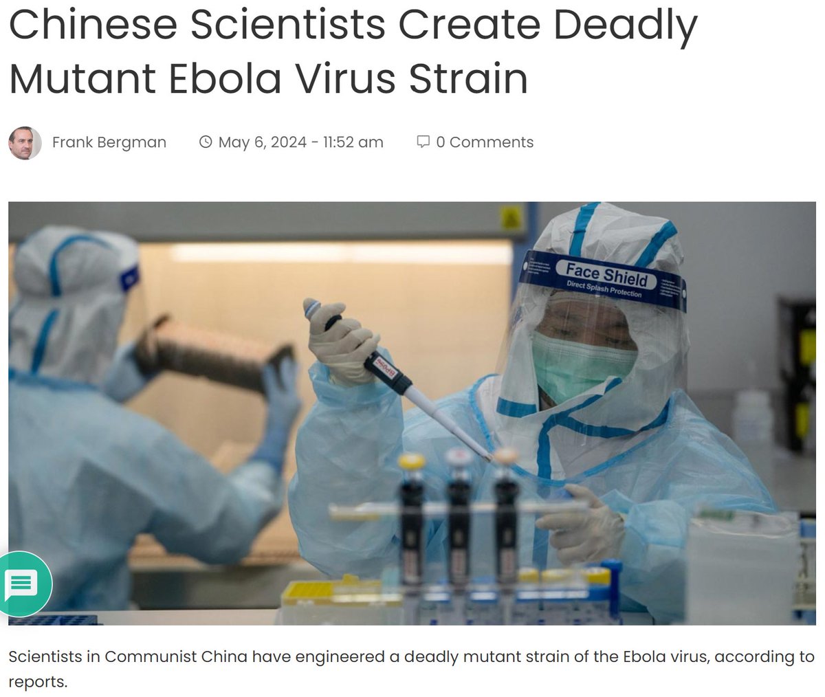 Scientists in Communist China have engineered a deadly mutant strain of the Ebola virus, according to reports.
The Chinese scientists revealed that lab tests of the new strain killed a group of hamsters. The mutant strain was developed by a team of researchers at Hebei Medical
