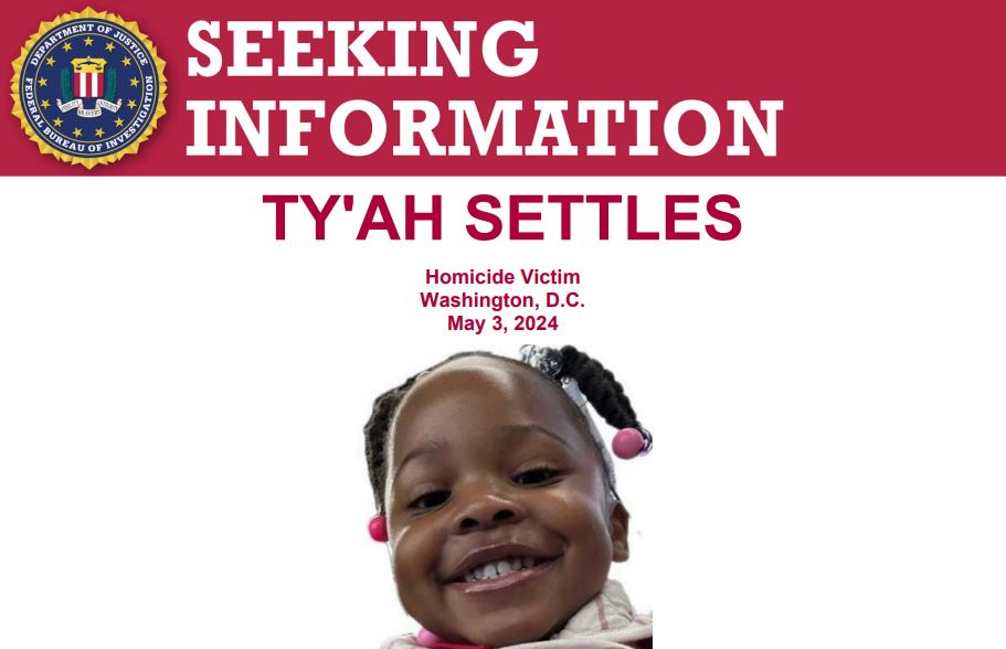#FBIWFO, @ATFWashington, and @DCPoliceDept are offering a reward for information that leads to the arrest and conviction of the individual(s) who shot and killed 3-year-old Ty’ah Settles on May 3. Call 202-278-2000 to submit a tip. ow.ly/l4kh50RxBXP