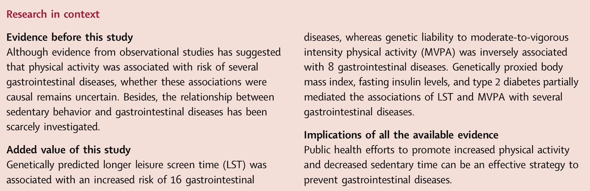 Sedentary lifestyle, physical activity, and gastrointestinal diseases: evidence from mendelian randomization analysis… thelancet.com/journals/ebiom…