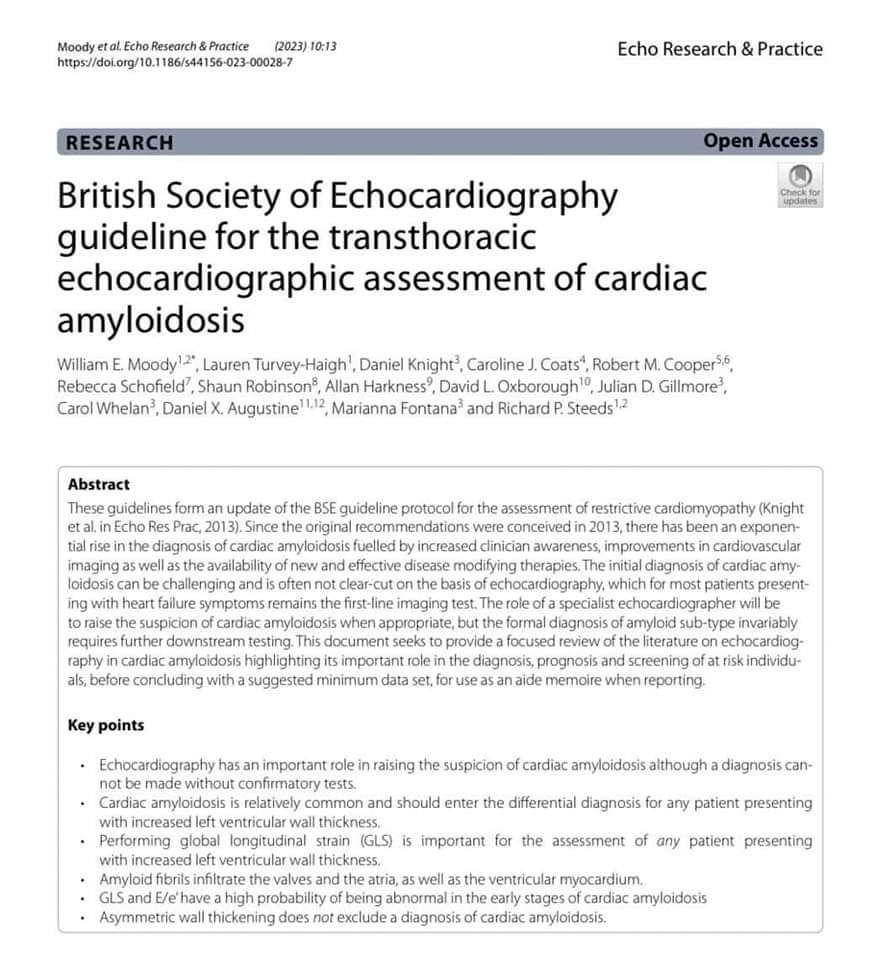 🔴 British Society of Echocardiography guideline for the transthoracic echocardiographic assessment of cardiac amyloidosis #august2023 

echo.biomedcentral.com/articles/10.11…
#CardioEd #Cardiology #Amyloidosis #EchoFirst #cardiotwitter