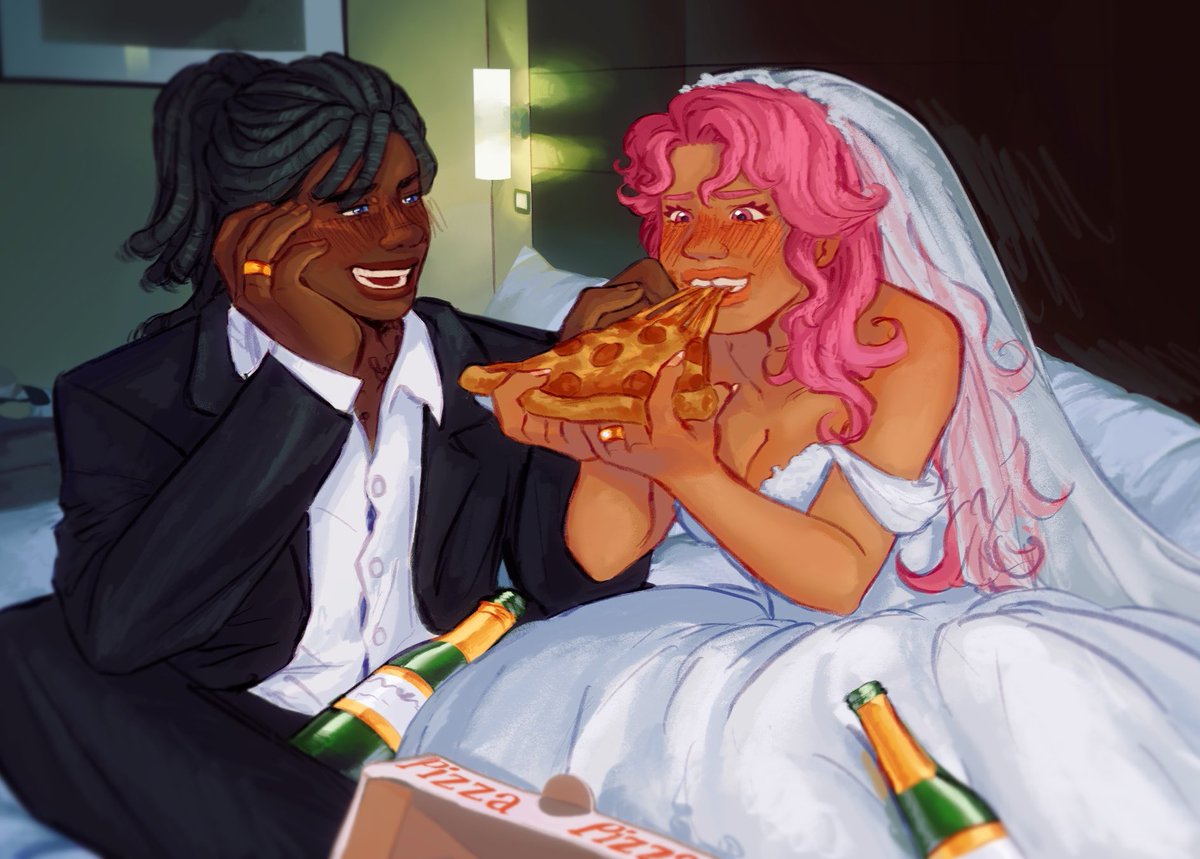 Fanart for @/CherryAnimates’ Broppy Florist/Tattoo Shop AU!! I just imagine them ordering pizza after getting drunkenly  married 😭😭💗💗I LOVE THEM SM!!!💗💗💗💗