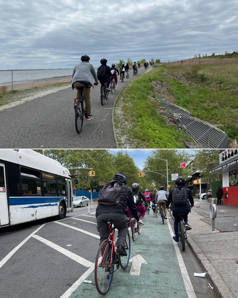 Cozine Ave and Wortman Ave in Brooklyn have seen a 55% decrease in car collisions since we installed protected bike lanes leading to Shirley Chisholm State Park. Thanks to those who joined Saturday for a #BikeMonth group ride! Try the route: bit.ly/3Urp44l
