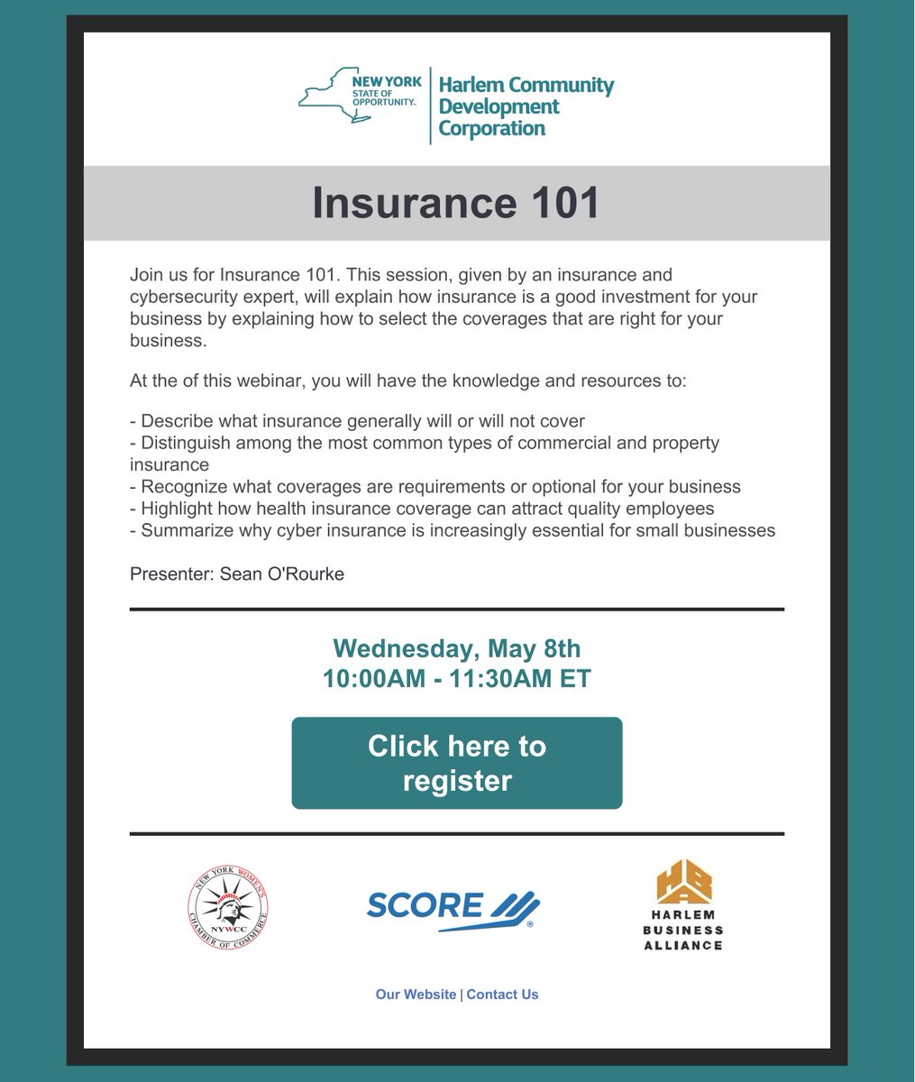 Join us and our partners at @HarlemCDCorp & @SCOREMentors for the next free business workshop 'Insurance 101' this Wednesday, May 8th at 10:00am on ZOOM. ✅ 📎 RSVP here: bit.ly/hcdc_insurance…