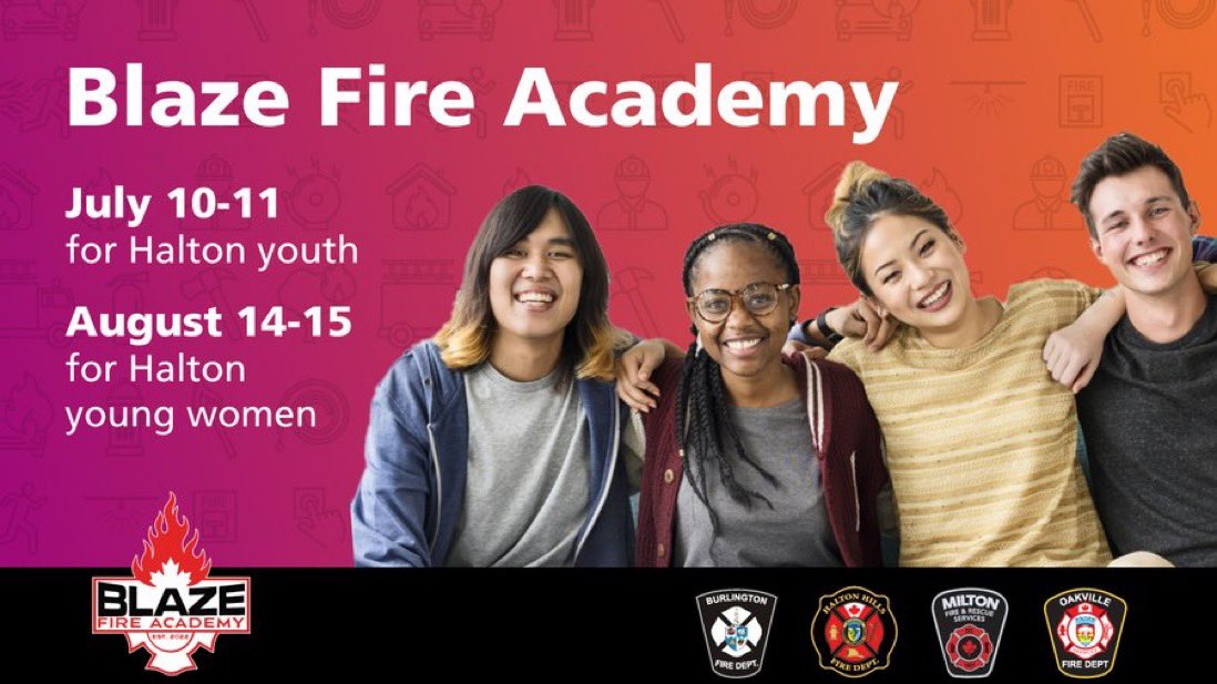 Are you ready to blaze the trail? We are holding two camps this summer. Blaze Fire Academy for Youth ages 15 to 18: July 10 & 11, 2024. Blaze Fire Academy for Young Women ages 15 to 18: August 14 to 15, 2024. For more info and to apply visit: oakville.ca/home-environme…
