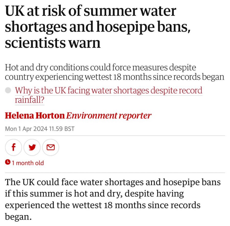 1989 water gets privatised. 1991 the last time a Reservoir was built. Fast forward 2.5 decades…….. Despite the wettest 18 months since records began, we’ll probably STILL face water shortages this summer. #ToriesDestroyedOurCountry #ToriesLootedBritain #GTTO