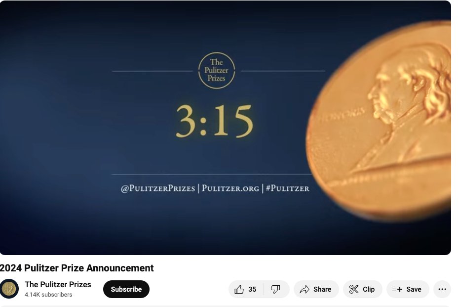 The 2024 @PulitzerPrizes are going to be announced here in three minutes: youtube.com/watch?v=2fVMPg…