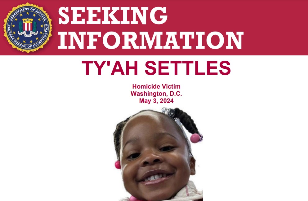 The #FBI is offering a reward of up to $10,000 for information leading to the identification and arrest of those responsible for the homicide of 3-yr-old Ty'ah Settles, shot and killed in Washington, D.C., on May 3, 2024: fbi.gov/wanted/seeking…